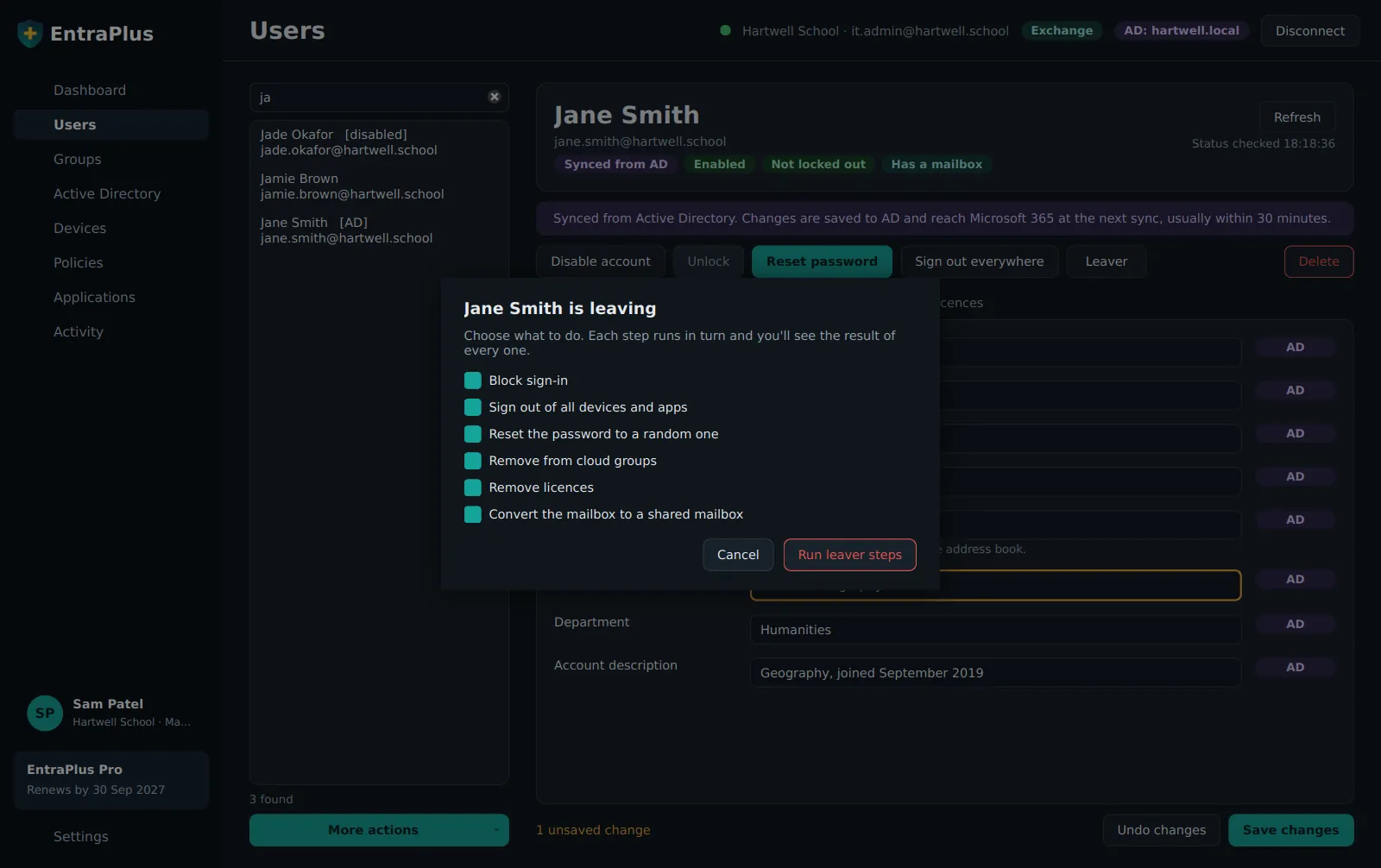 The EntraPlus leaver window: block sign-in, sign out of all devices, reset password, remove from groups, remove licences and convert the mailbox, each with a tick