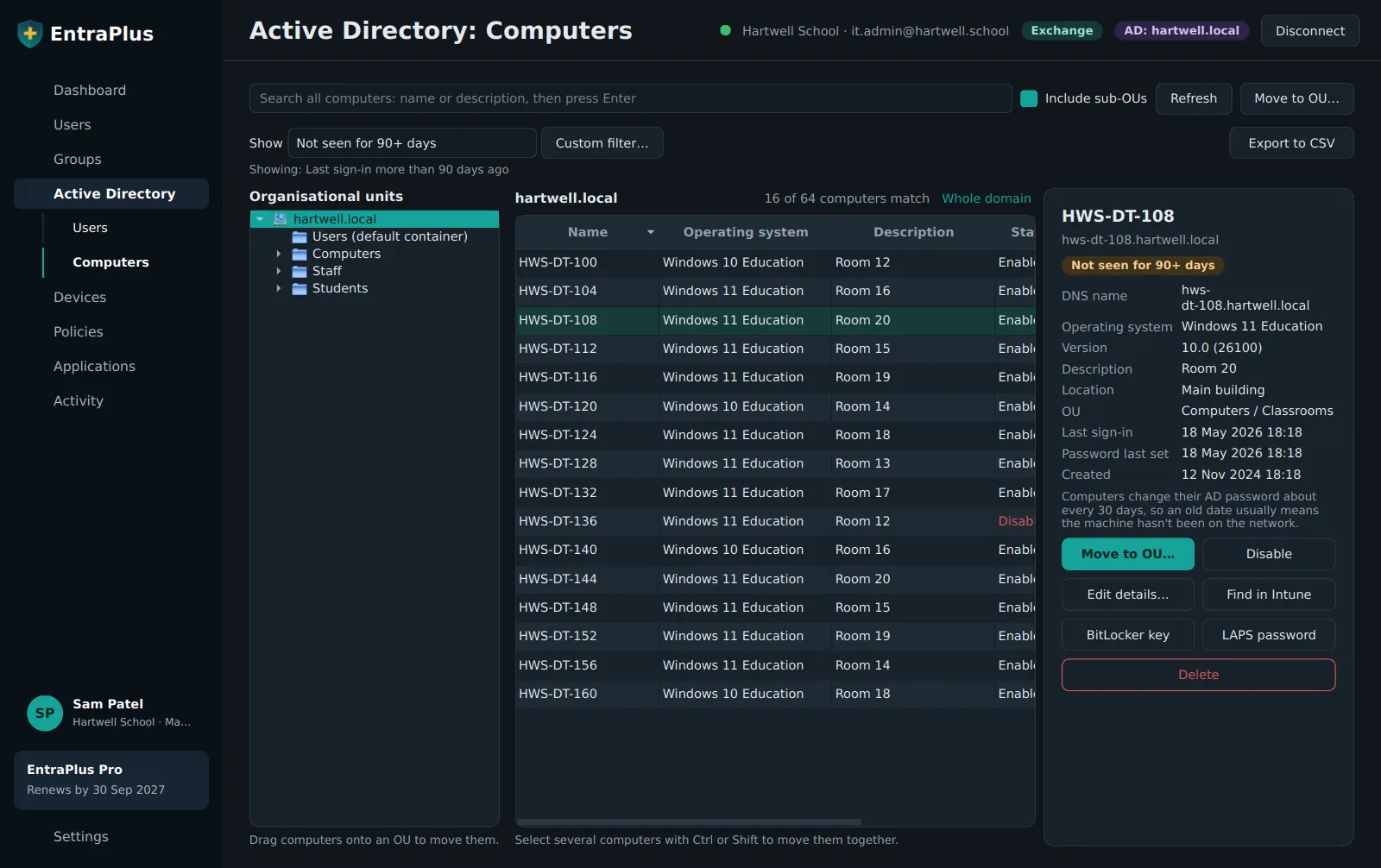 EntraPlus Active Directory computers: the OU tree, computers filtered to those not seen for 90 days, and actions for the selected computer