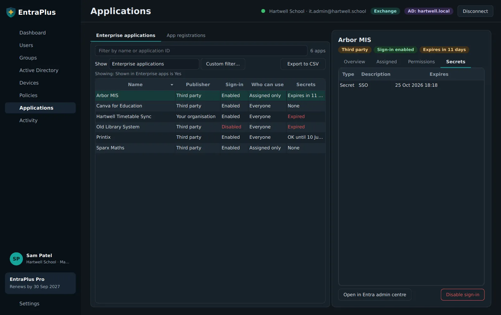EntraPlus applications: enterprise apps with their publisher and when their secrets expire, one expiring in 11 days and one already expired