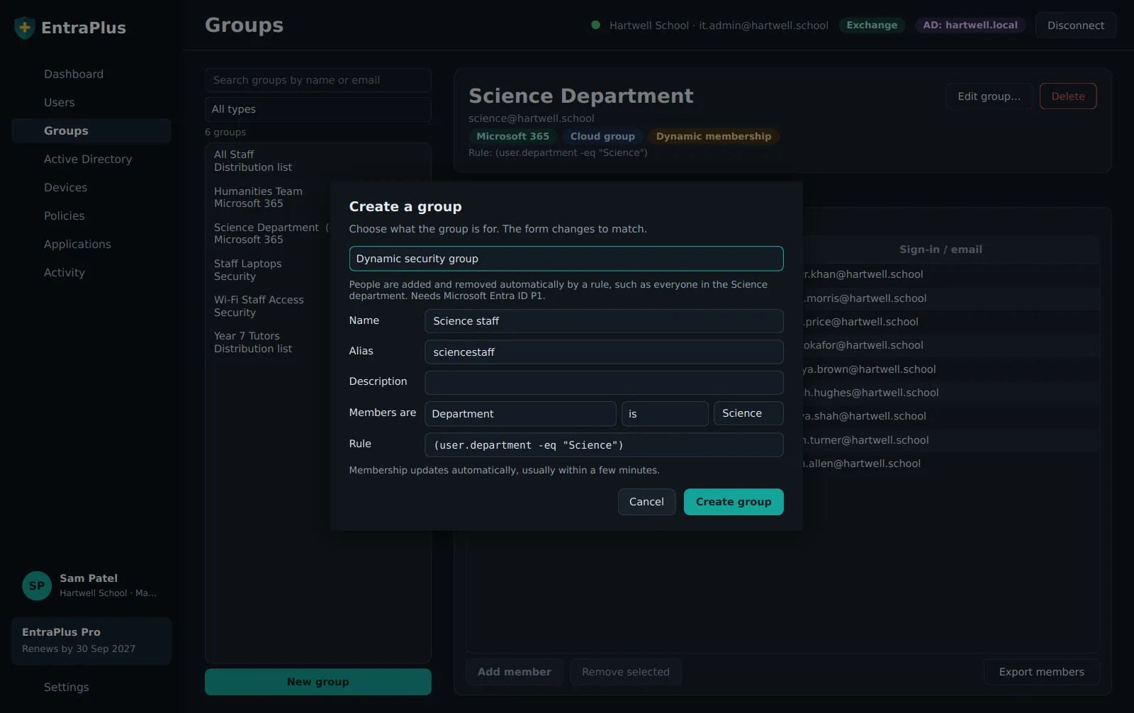 Creating a dynamic security group in EntraPlus: members are everyone whose department is Science