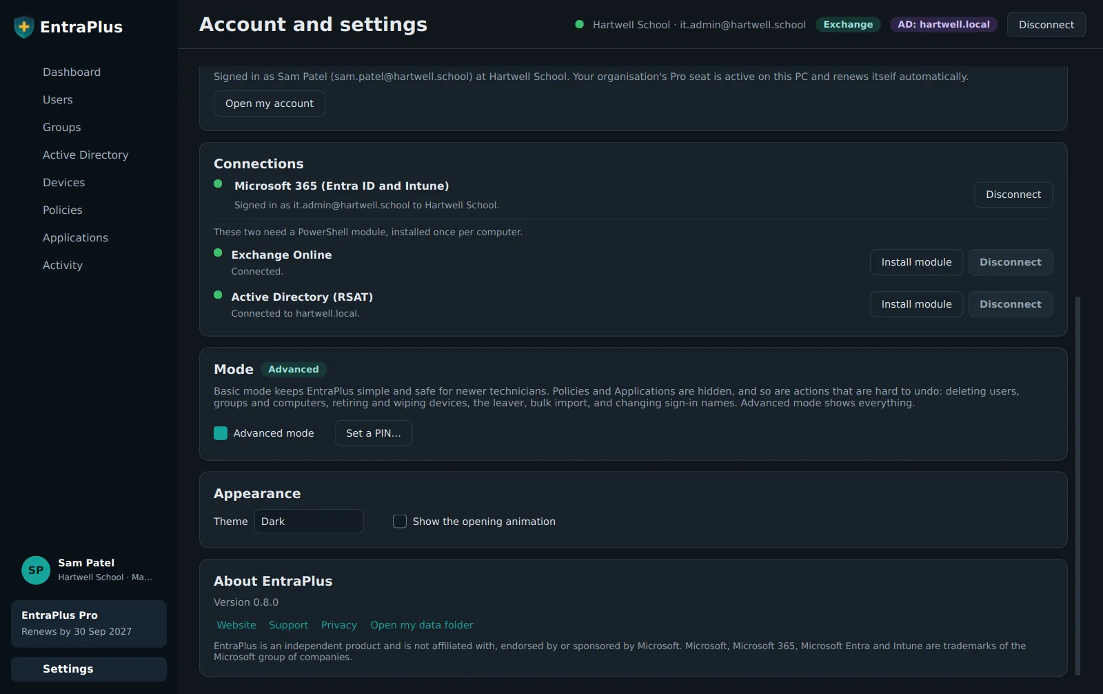 EntraPlus settings: the signed-in EntraPlus account, Microsoft 365, Exchange and Active Directory connections, and advanced mode